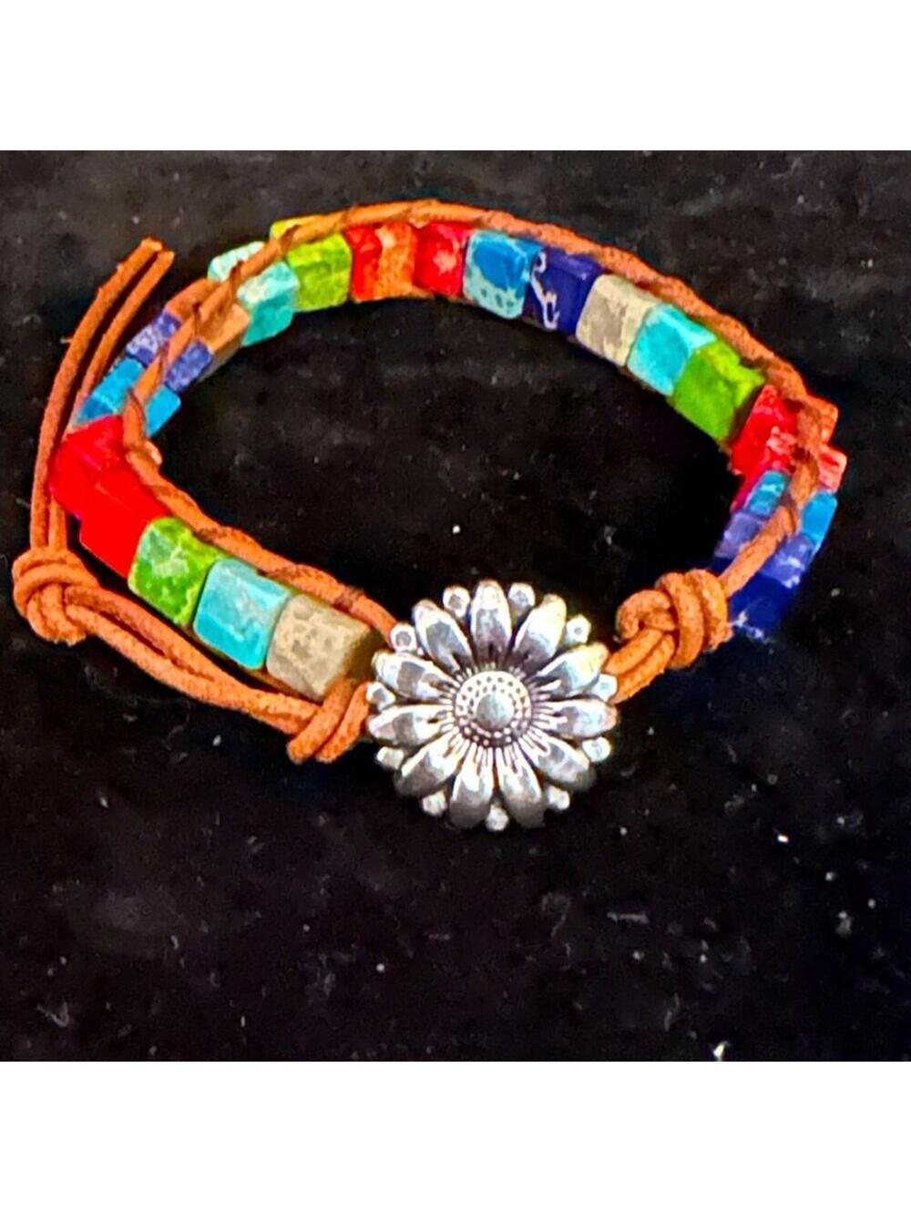 Boho leather wrap square stone rainbow colored bead bracelet flower clasp